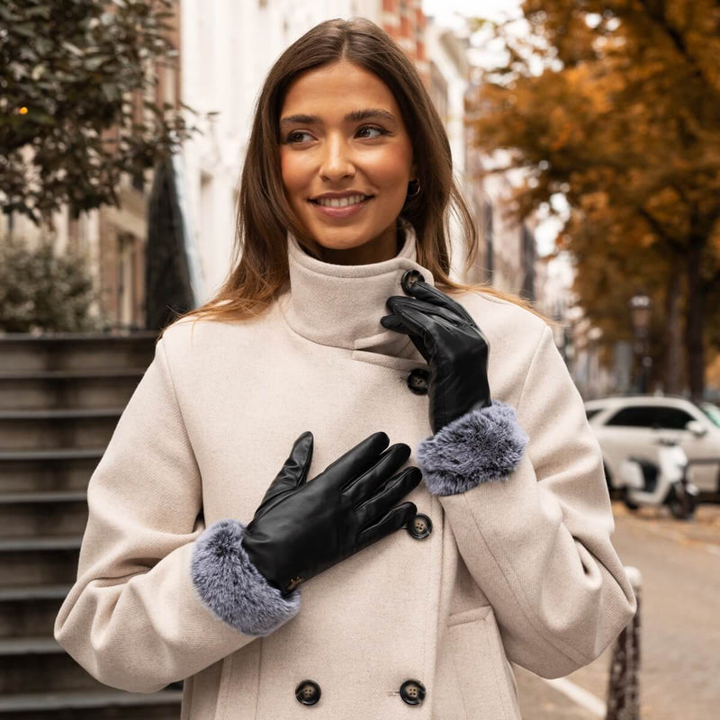 Vera – luksuslæderhandske med imiteret pels ved håndleddet og touchscreenfunktion